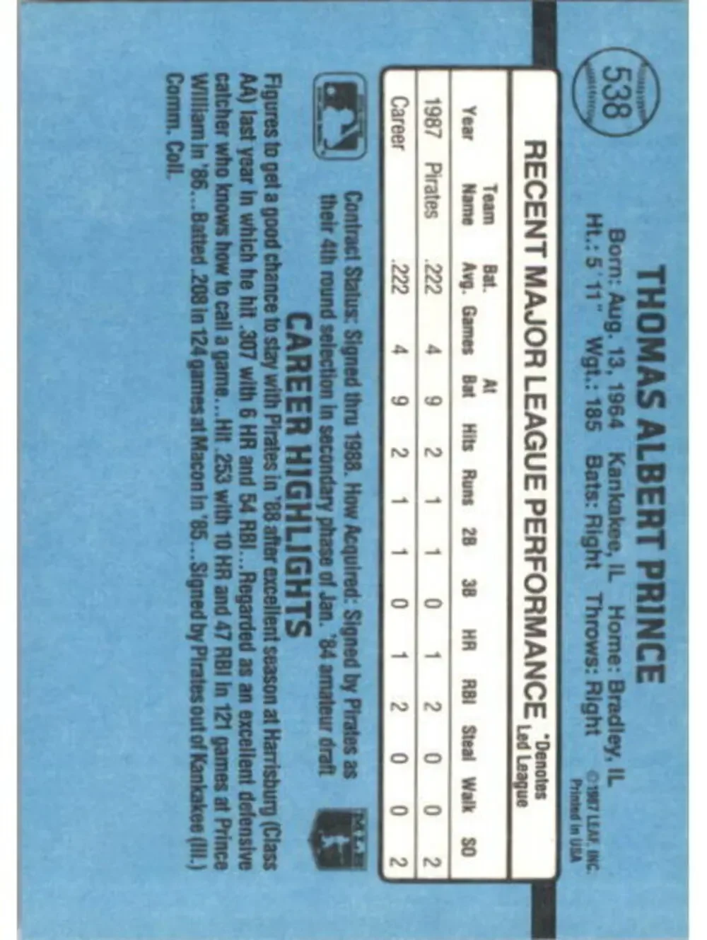 1988 Tom Prince Donruss Baseball Card #538